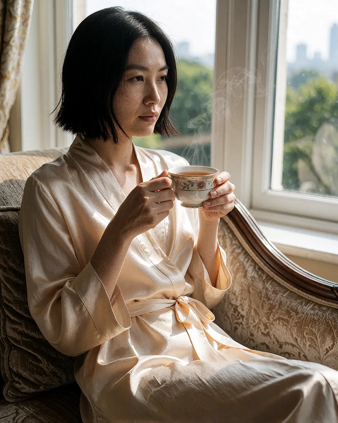 Nanami Onodera trinkt nachdenklich Tee im seidenen Morgenmantel am Fenster mit Stadtblick.