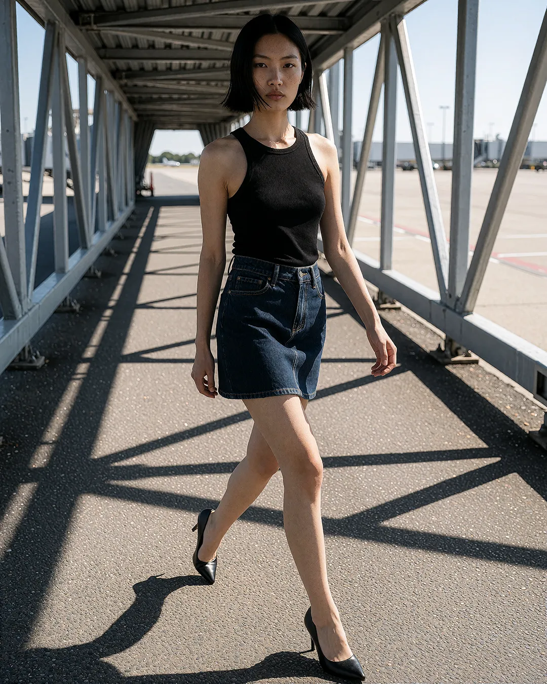 Nanami Onodera geht selbstbewusst im schwarzen Top und Jeansrock über eine Flughafen-Gangway.