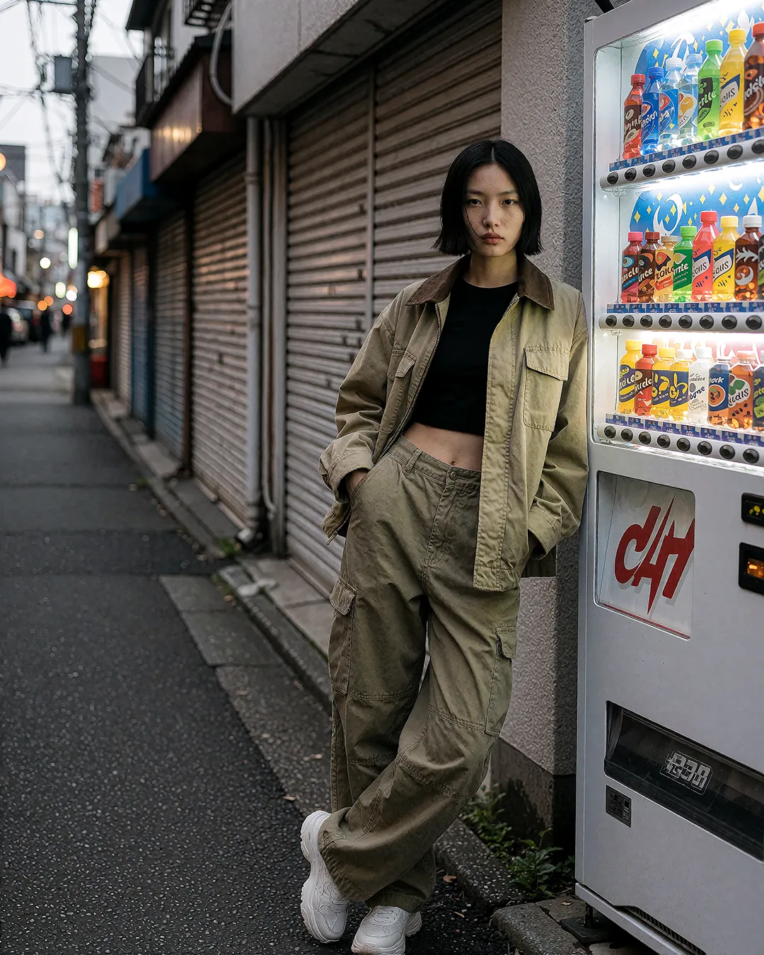 Nanami Onodera trägt eine khakifarbene Cargo-Kombi vor einem Getränkeautomaten in Tokio.