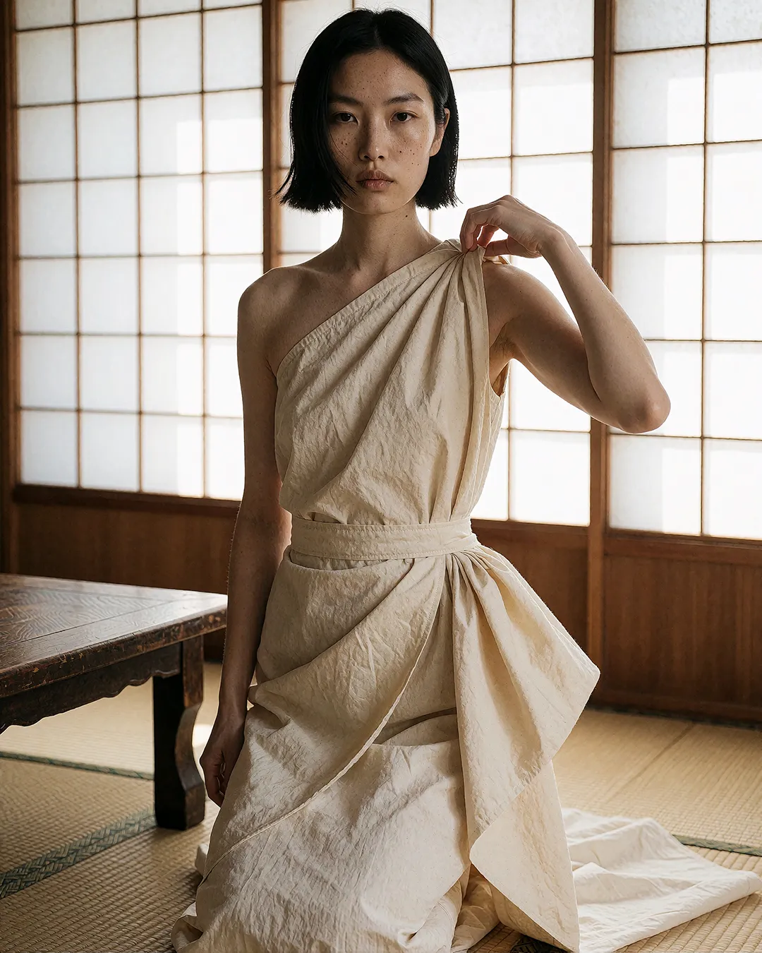 Nanami Onodera drapiert ein cremefarbenes One-Shoulder-Kleid kniend im traditionellen Tatami-Raum.