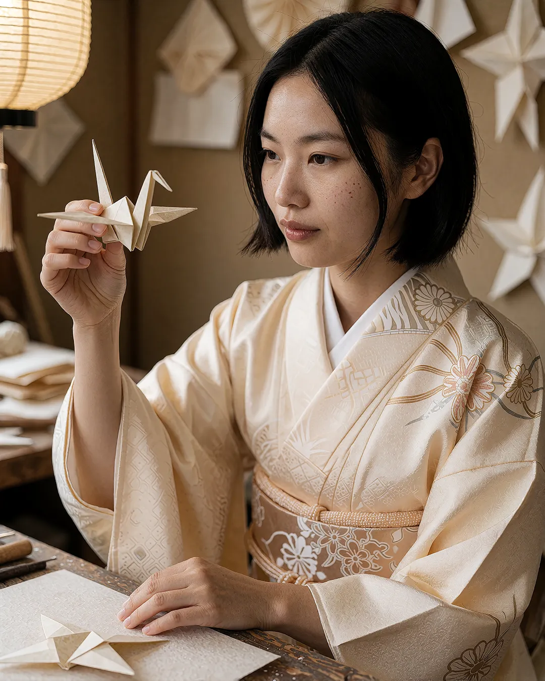 Nanami Onodera faltet einen Origami-Kranich im edlen Seidenkimono bei warmem Licht.