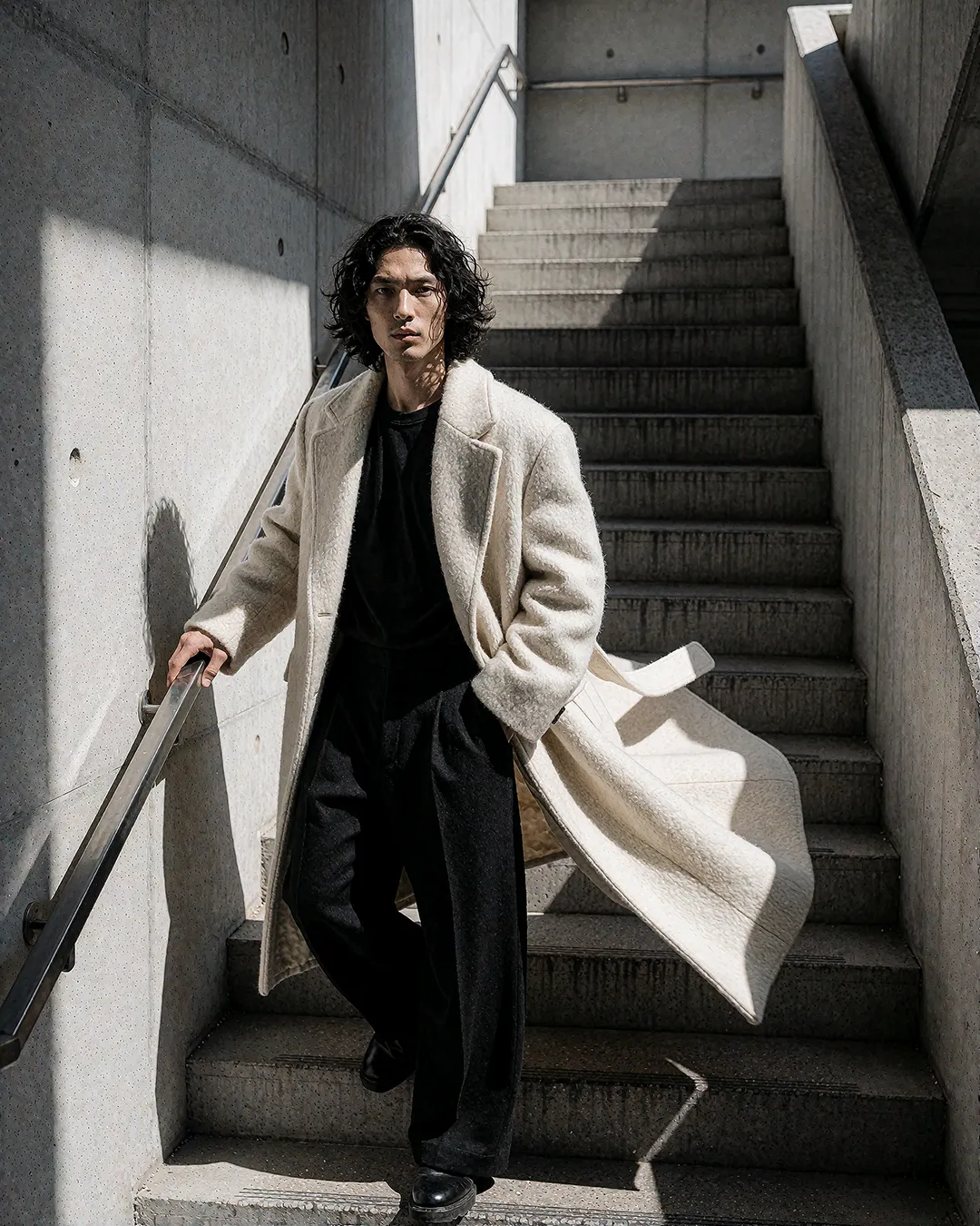 Kenji Osato im cremefarbenen Wollmantel auf Betontreppe