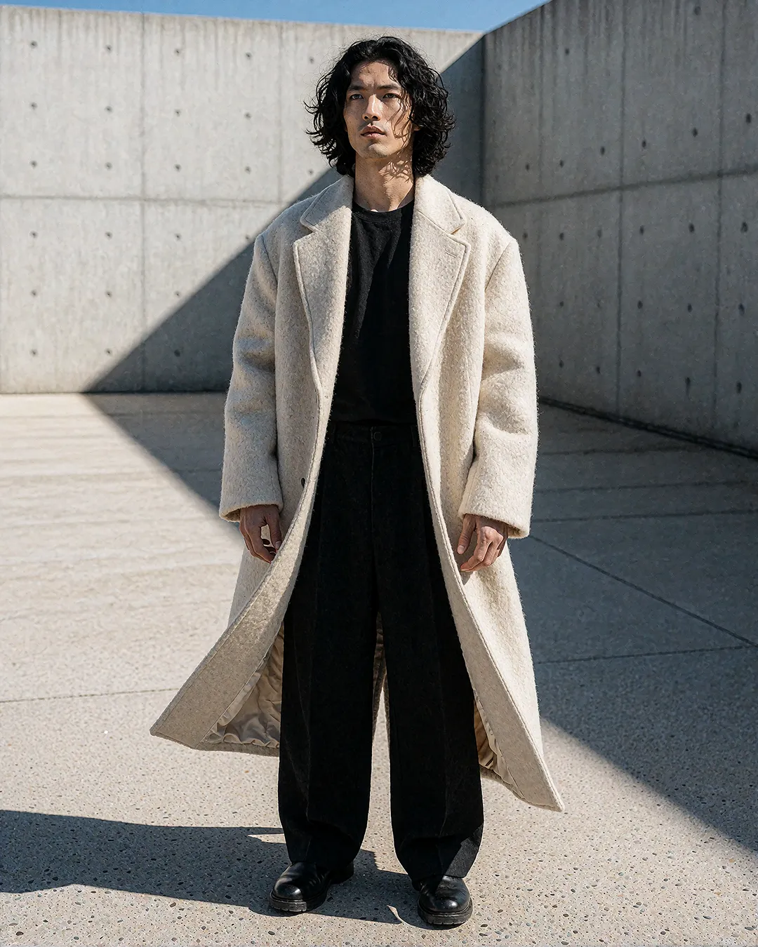 Kenji Osato im cremefarbenen Wollmantel vor minimalistischer Betonarchitektur