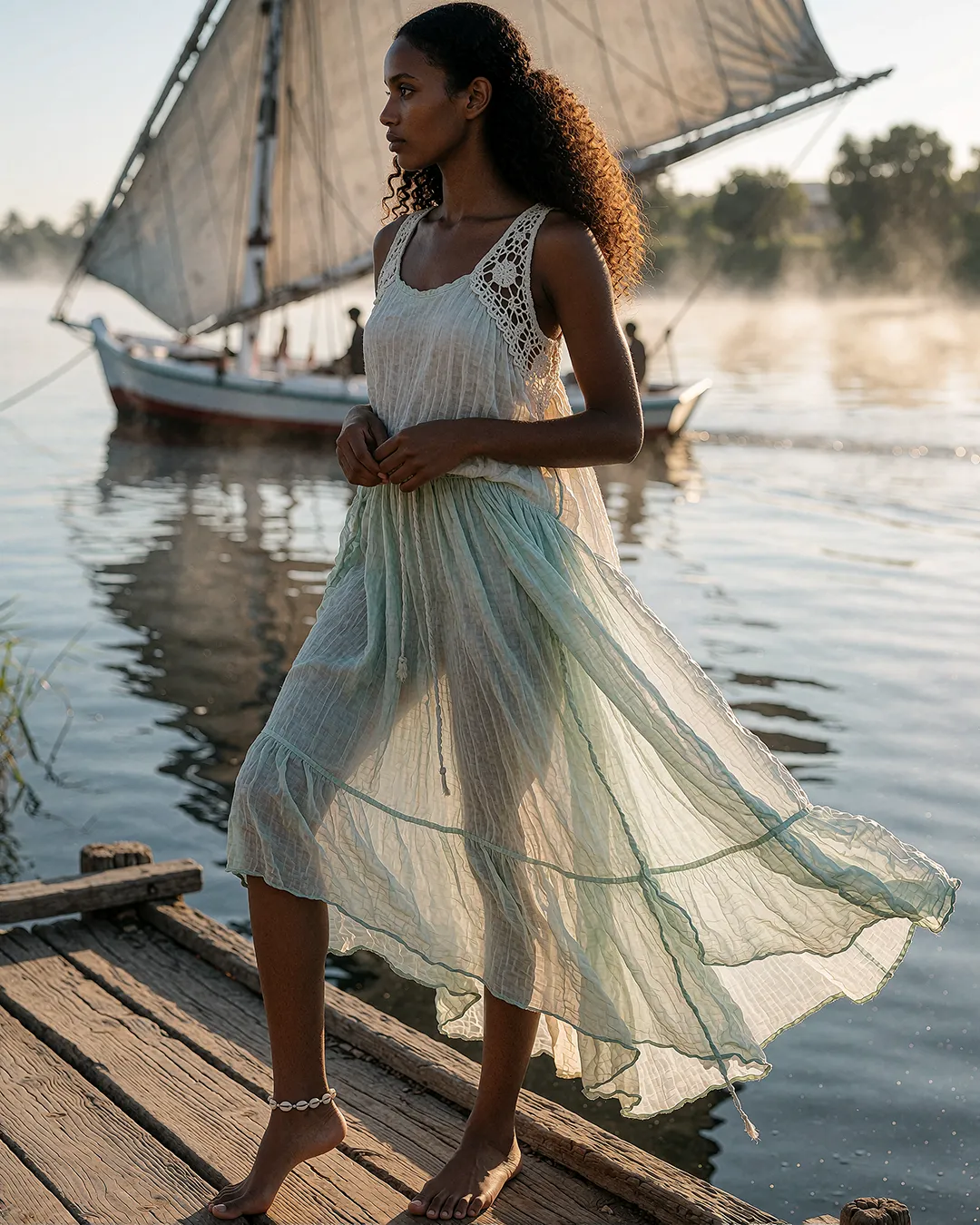 Zuri Osei trägt ein cremefarbenes Häkelkleid an einem Bootssteg am Nil bei Sonnenaufgang.