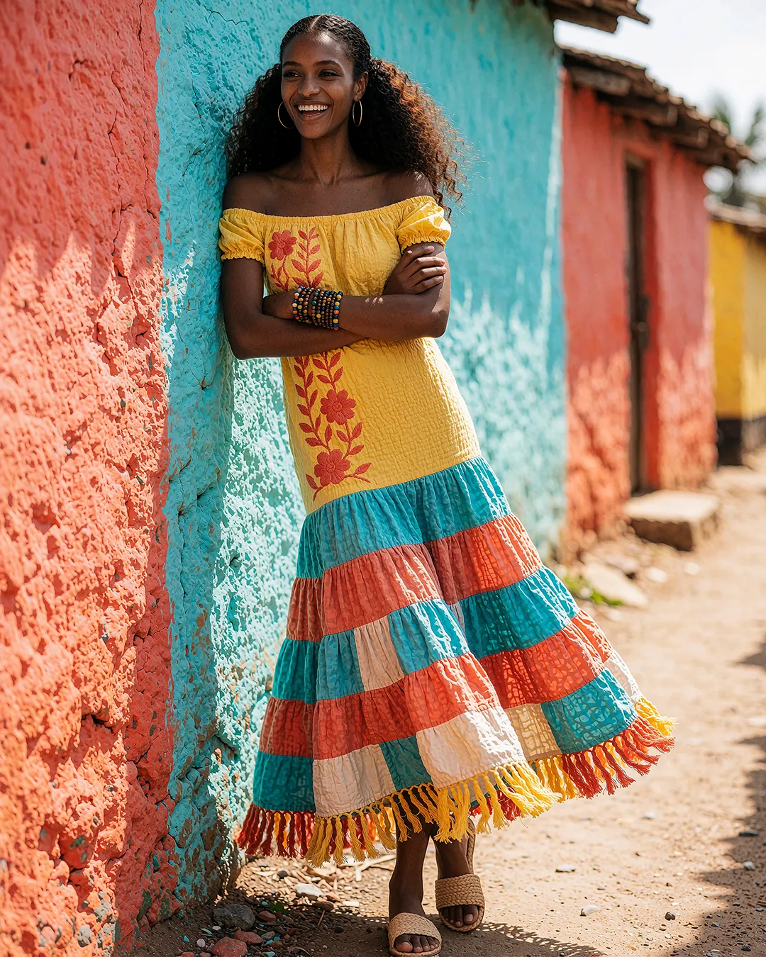 Zuri Osei trägt ein gestreiftes Rüschenkleid vor einer bunt gestrichenen Häuserwand.