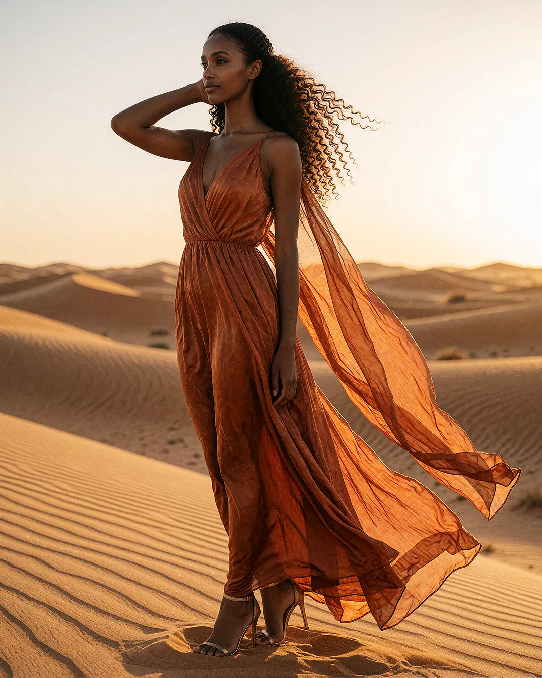 Zuri Osei trägt ein fließendes kupferfarbenes Seidenkleid im Wind der Wüstendünen.