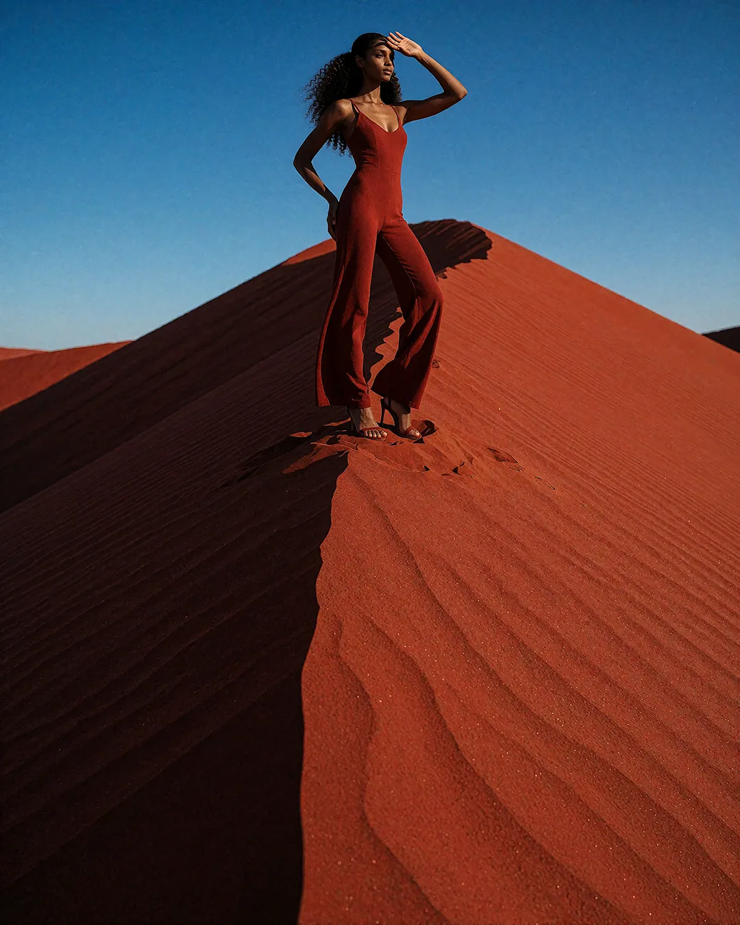 Zuri Osei steht im rostroten Jumpsuit auf einer roten Sanddüne unter blauem Himmel.
