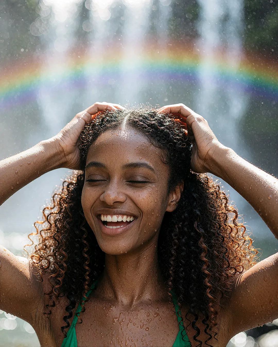 Zuri Osei lacht mit nassem Haar im grünen Bikini vor einem Regenbogen aus Wasserspray.