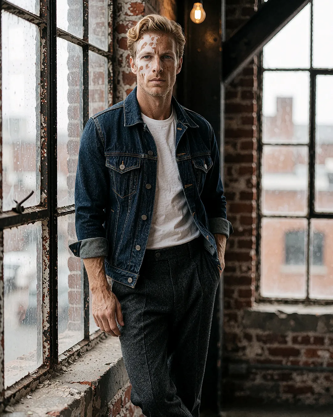 Magnus Thalberg in Jeansjacke am regennassen Loft-Fenster, urbanes Editorial-Porträt
