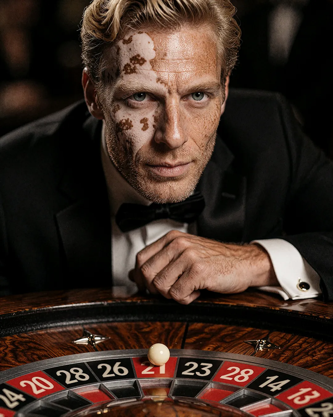 Magnus Thalberg im Smoking am Roulettetisch, intensives Close-up-Porträt im Casino