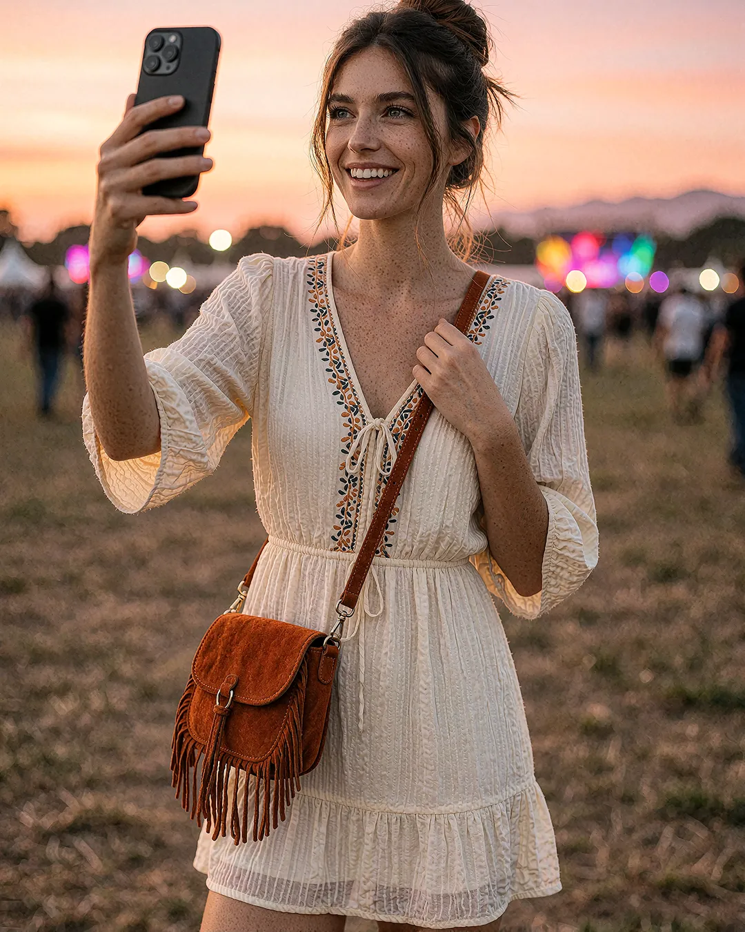 Lotta Falke macht ein Selfie im cremefarbenen Boho-Kleid bei Sonnenuntergang auf dem Festival.