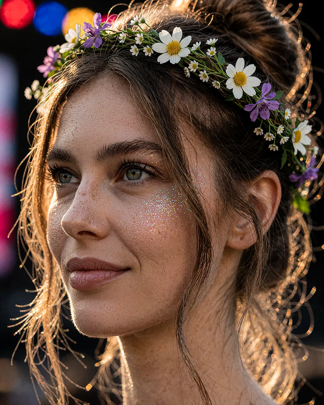 Lotta Falke im Beauty-Nahporträt mit Blumenkranz und Glitzer-Freckles im Festivallicht.