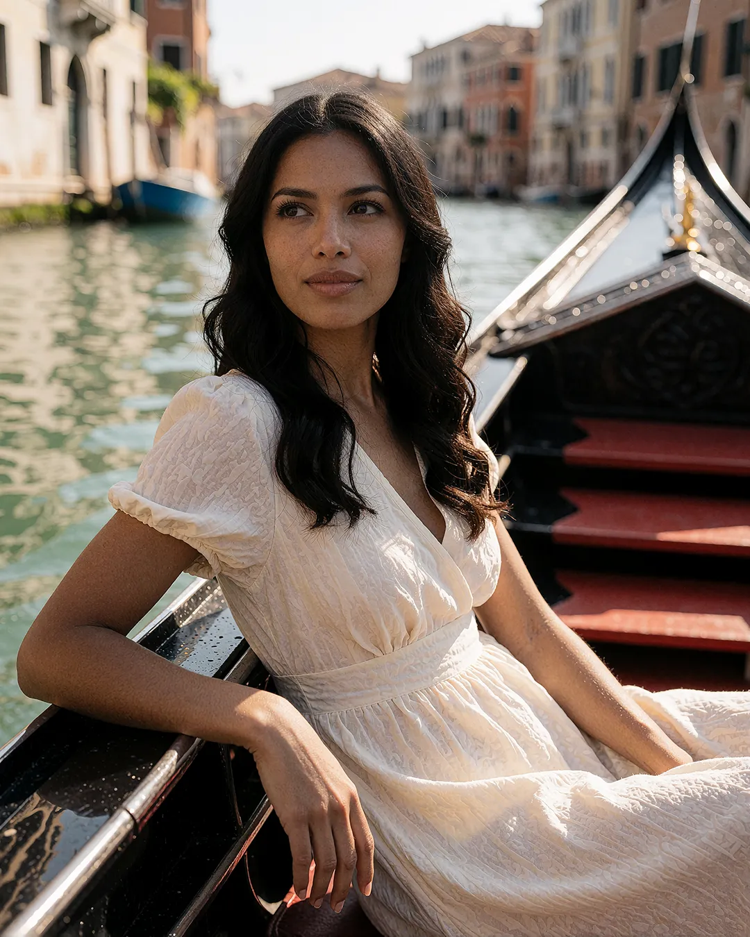 Mika Thornbury sitzt nachdenklich in einer Gondel auf einem Kanal in Venedig.