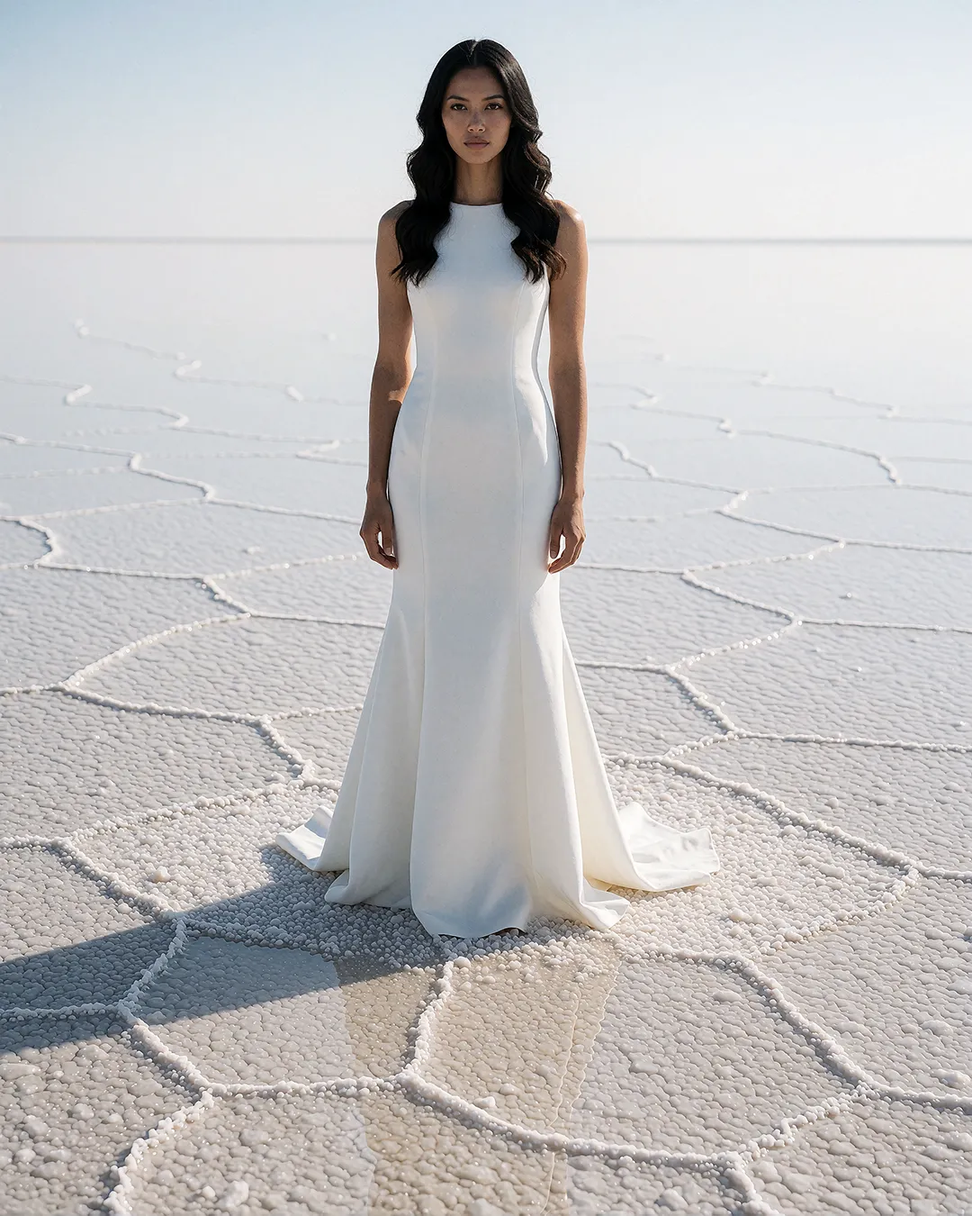 Mika Thornbury steht in einem cremeweißen Trägerkleid barfuß auf einer endlosen Salzebene.