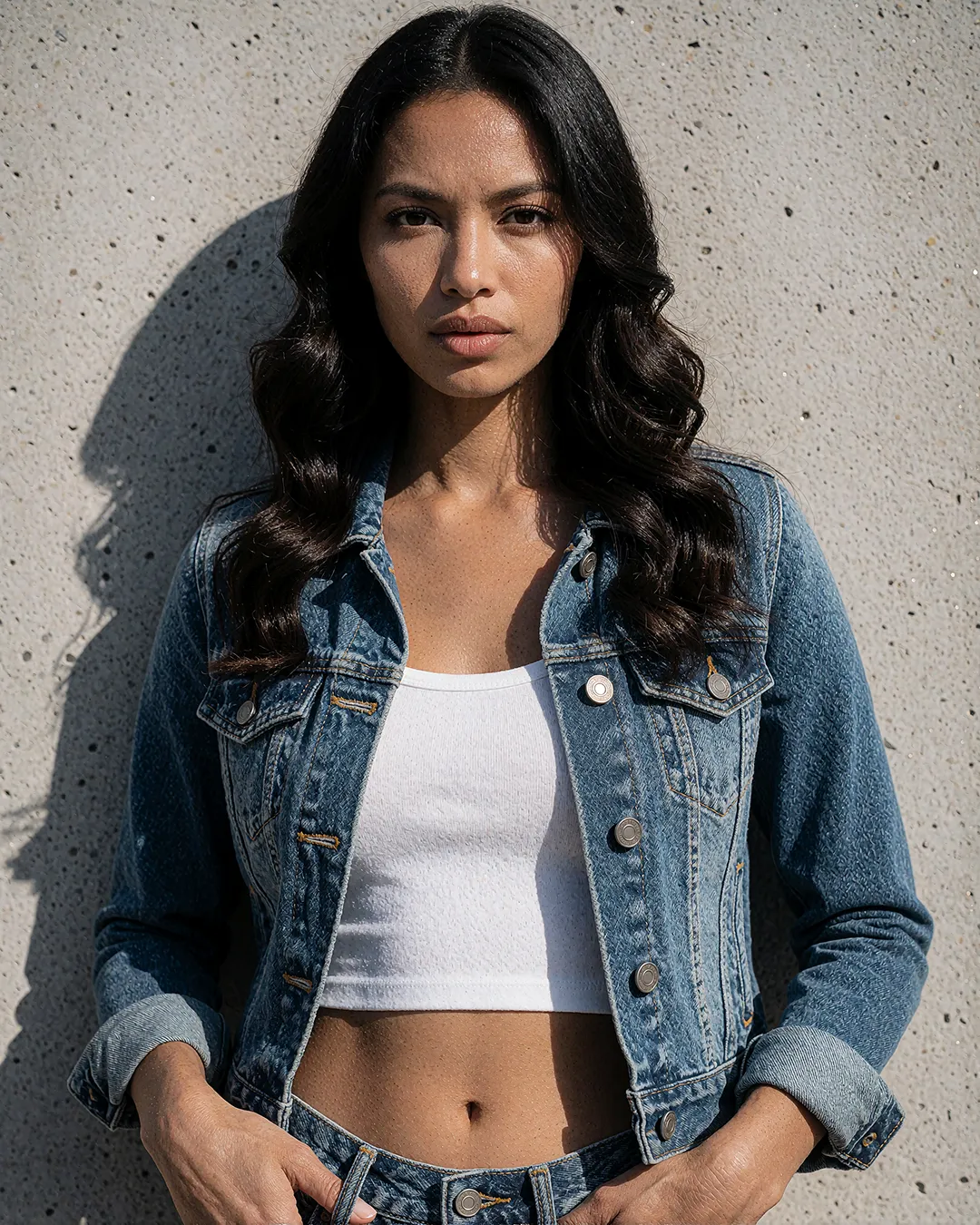 Mika Thornbury trägt eine Jeansjacke über weißem Crop-Top vor einer Betonwand.