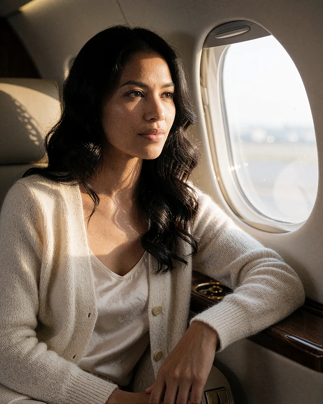 Mika Thornbury blickt nachdenklich aus dem Fenster eines Privatjets im cremefarbenen Cardigan.