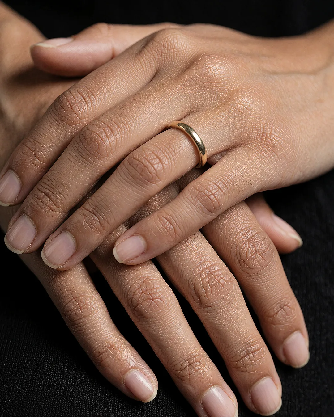 Mika Thornbury faltet die Hände mit goldenem Ring im eleganten Nahporträt.