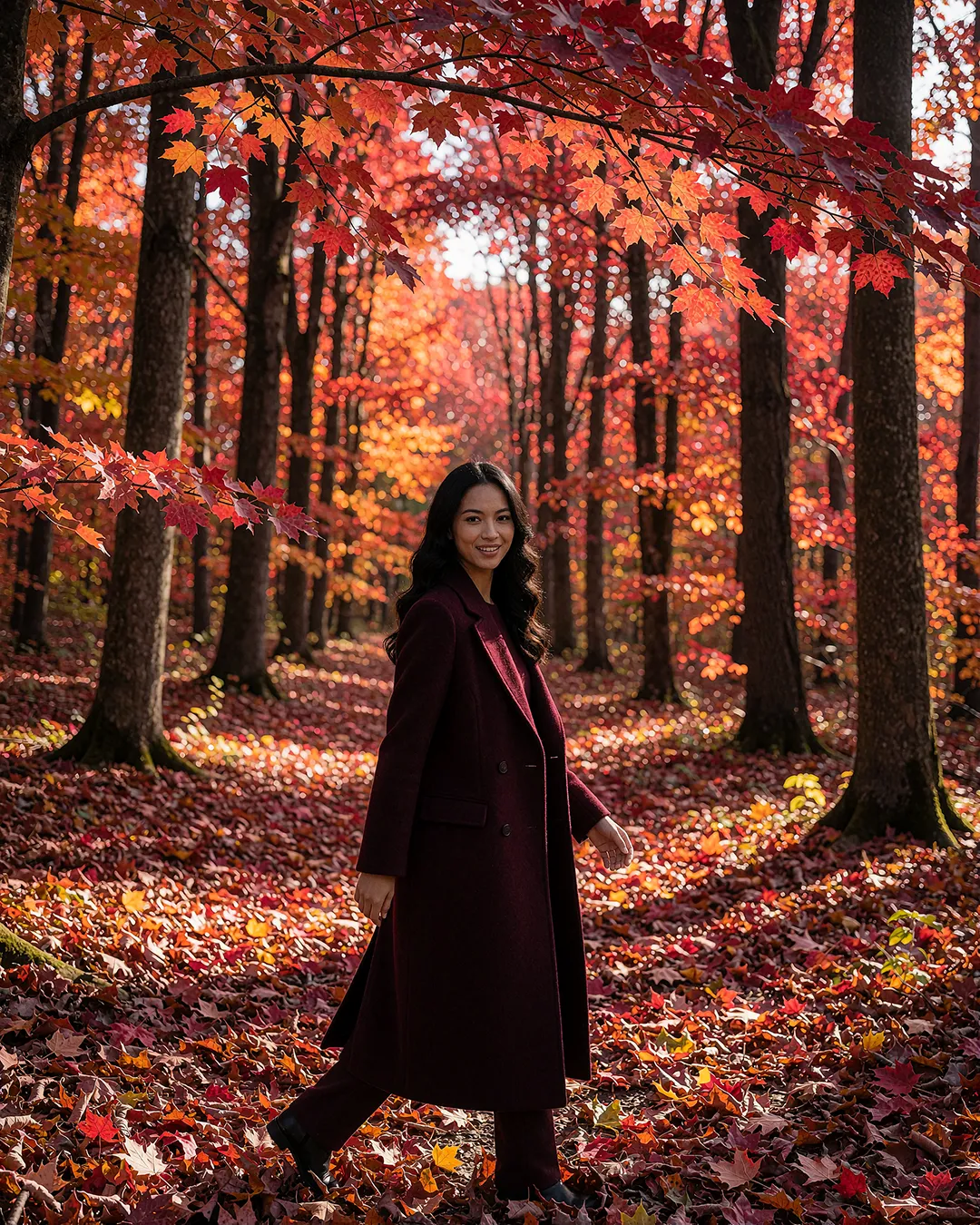 Mika Thornbury spaziert lächelnd im weinroten Mantel durch einen leuchtenden Herbstwald.
