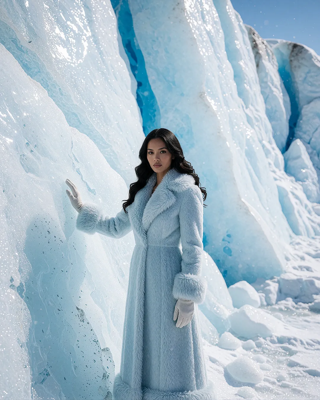 Mika Thornbury trägt einen eisblauen Fellmantel vor einer gewaltigen Gletscherwand.