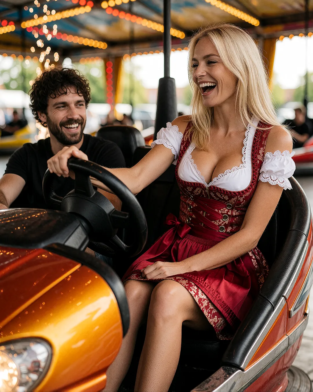 Natalia Lewandowska lacht im dunkelroten Dirndl beim Autoscooterfahren mit einem Fahrgast.