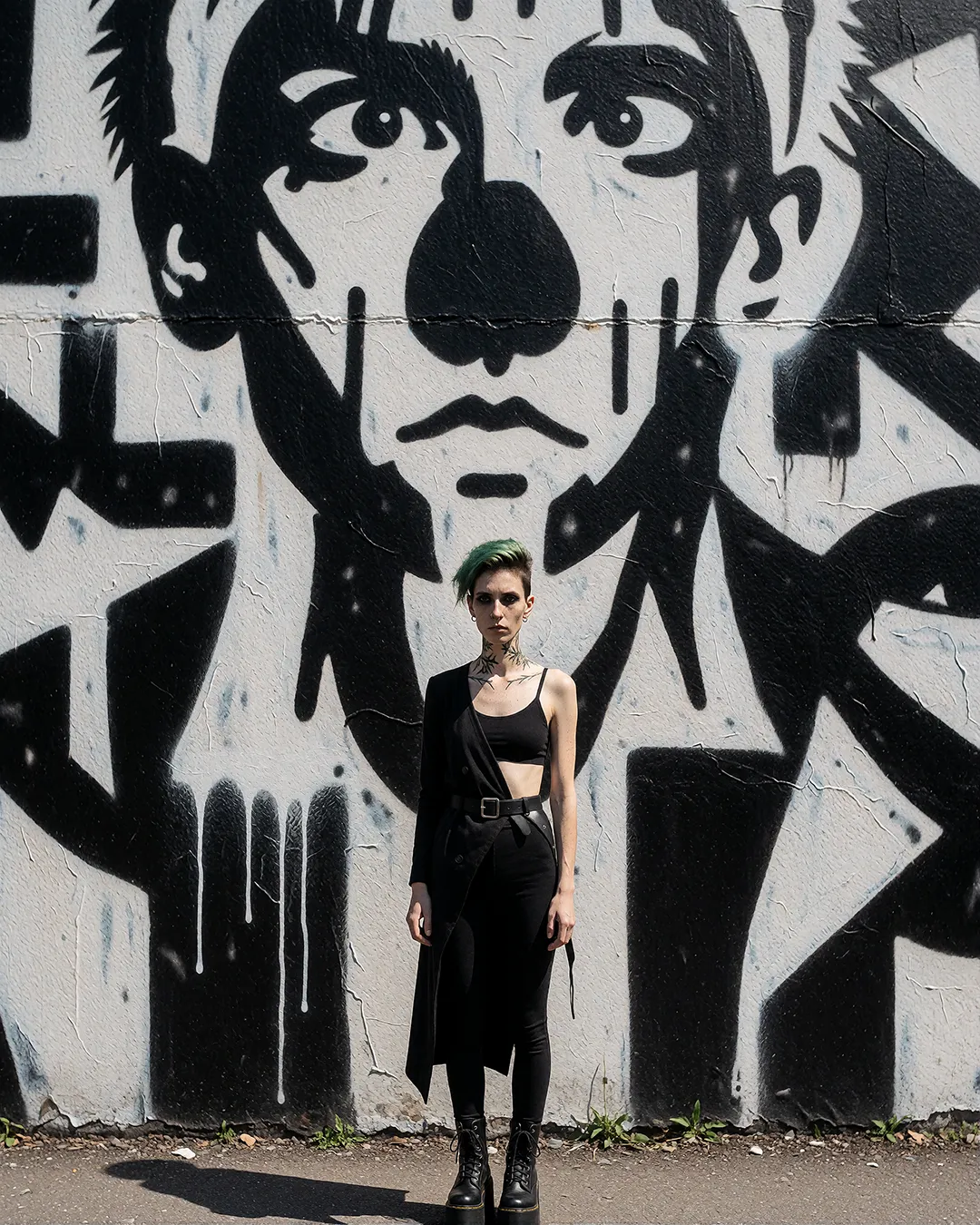 Nyx Lockridge trägt ein asymmetrisches schwarzes Kleid vor einem grafischen Schwarz-Weiß-Wandbild.