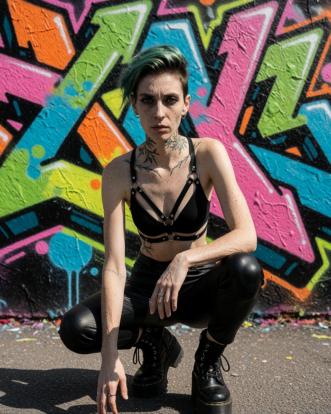 Nyx Lockridge kauert im schwarzen Harness-Top vor einem knallbunten Graffiti-Schriftzug.