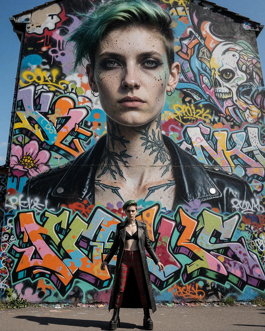 Alt: „Nyx Lockridge trägt einen Nietenmantel mit Karohose vor einem riesigen Streetart-Porträt ihres Gesichts.