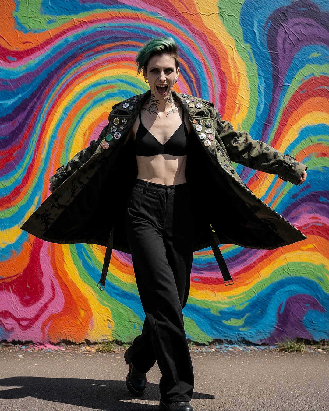 Nyx Lockridge trägt eine Camouflage-Jacke voller Anstecker vor einem bunten Wirbel-Mural.