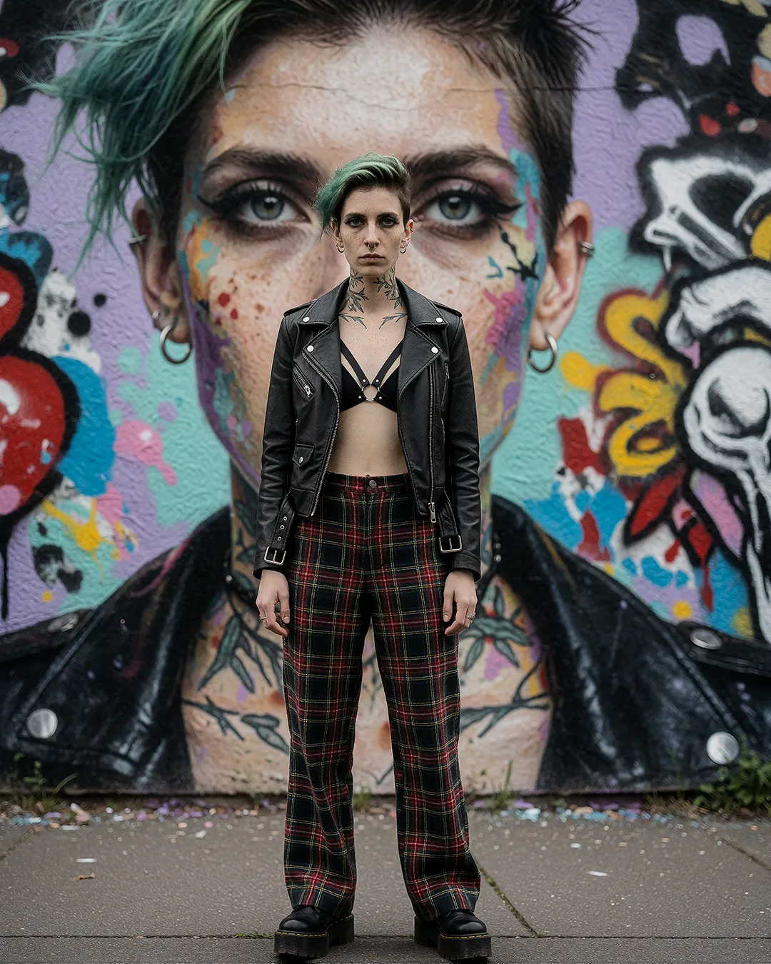 Nyx Lockridge trägt Lederjacke und Harness-Top mit Karohose vor einem bunten Streetart-Porträt.
