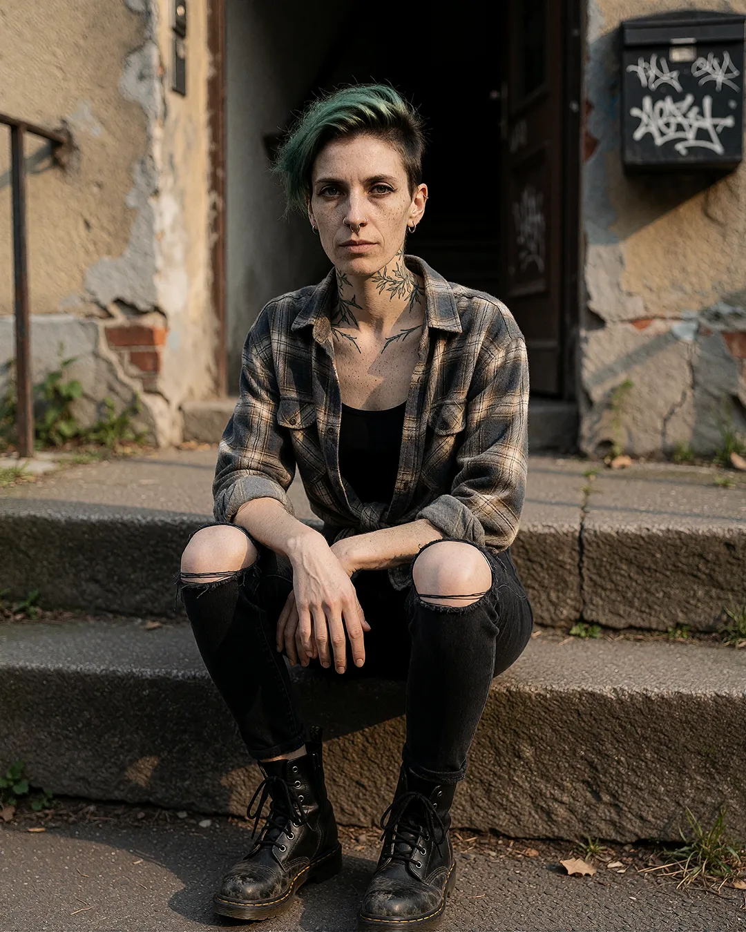 Nyx Lockridge sitzt im Flanellhemd mit zerrissener Jeans auf einer alten Hauseingangstreppe.