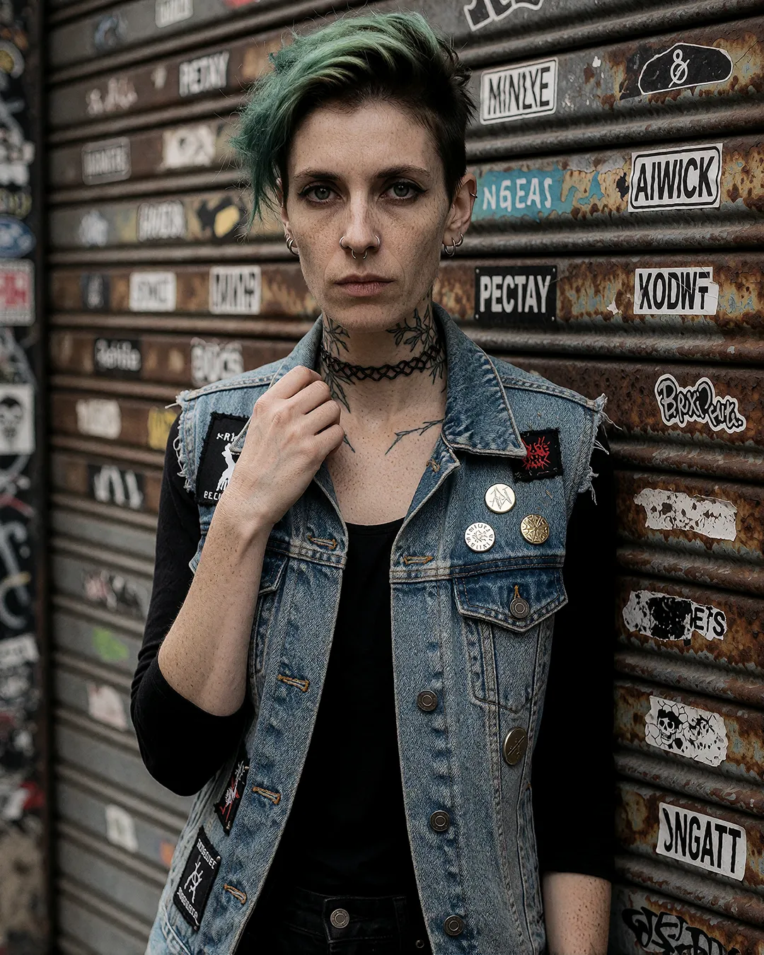 Nyx Lockridge trägt eine Patches-Jeansweste mit Halstattoo vor einem beklebten Rolltor in Berlin.