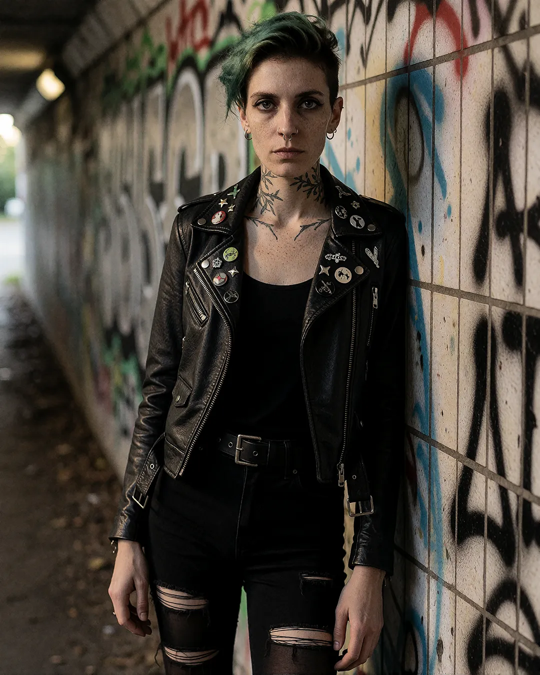 Nyx Lockridge trägt eine mit Anstecknadeln besetzte Lederjacke in einem graffitibesprühten Tunnel.