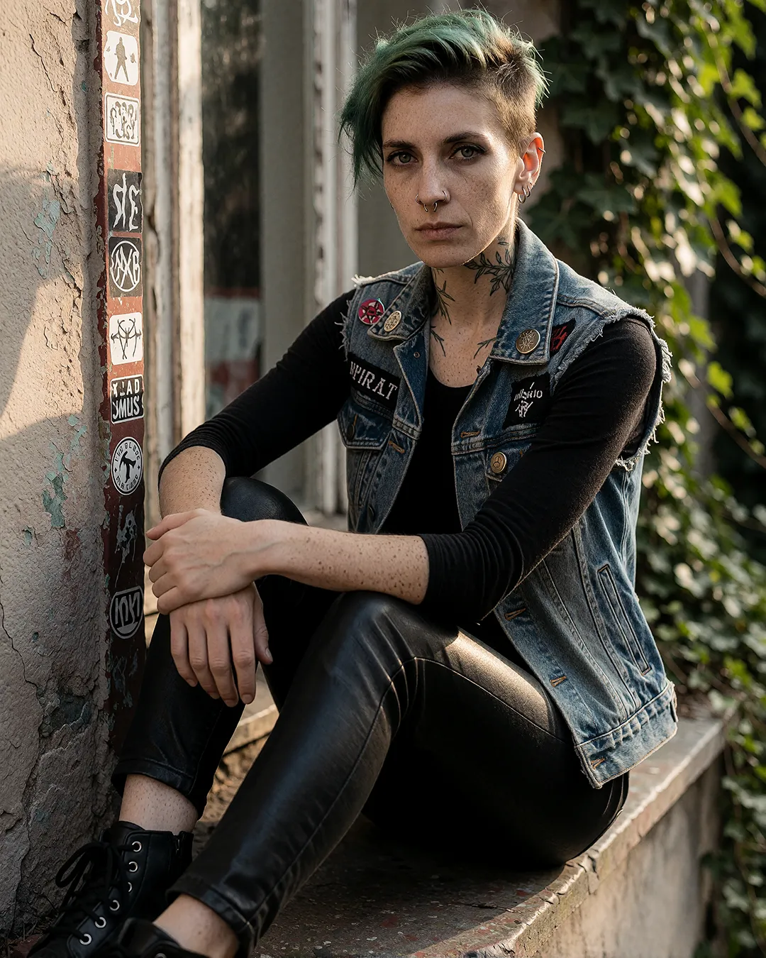 Nyx Lockridge sitzt in Patches-Jeansweste und Lederleggings vor einer efeuberankten Fassade.