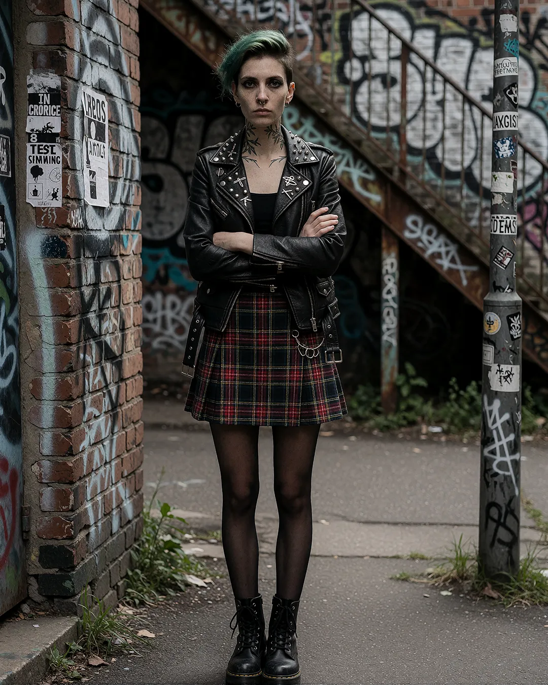 Nyx Lockridge trägt eine Nietenlederjacke mit Karo-Minirock vor einer graffitibesprühten Treppe.