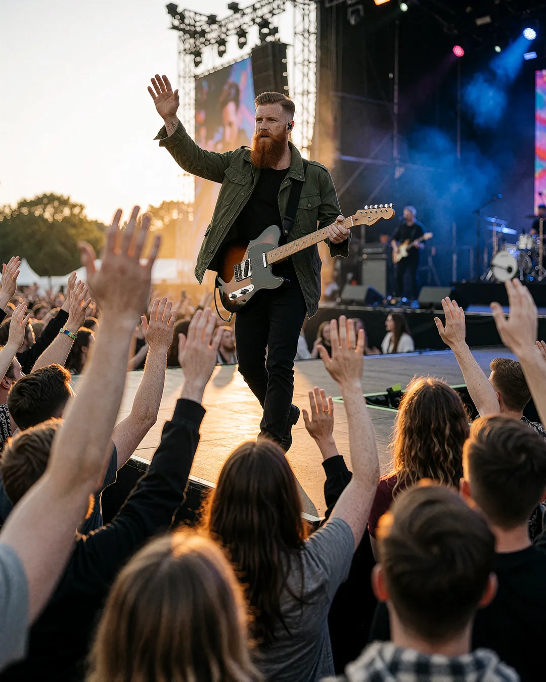 Ronan Flaherty geht mit E-Gitarre über einen Bühnensteg und winkt dem Festivalpublikum zu.