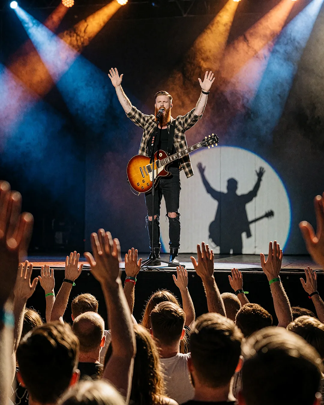 Ronan Flaherty singt mit erhobenen Armen und E-Gitarre auf der Konzertbühne im Lichtspiel.