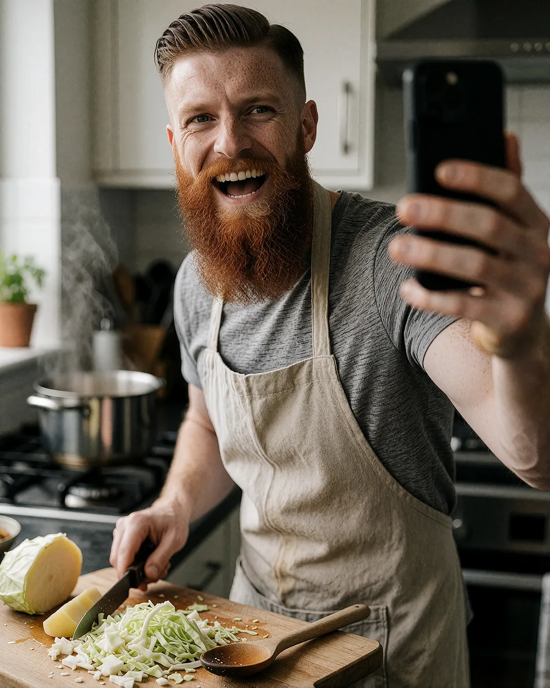 Ronan Flaherty macht lachend ein Selfie beim Kochen mit Schürze in der Küche.
