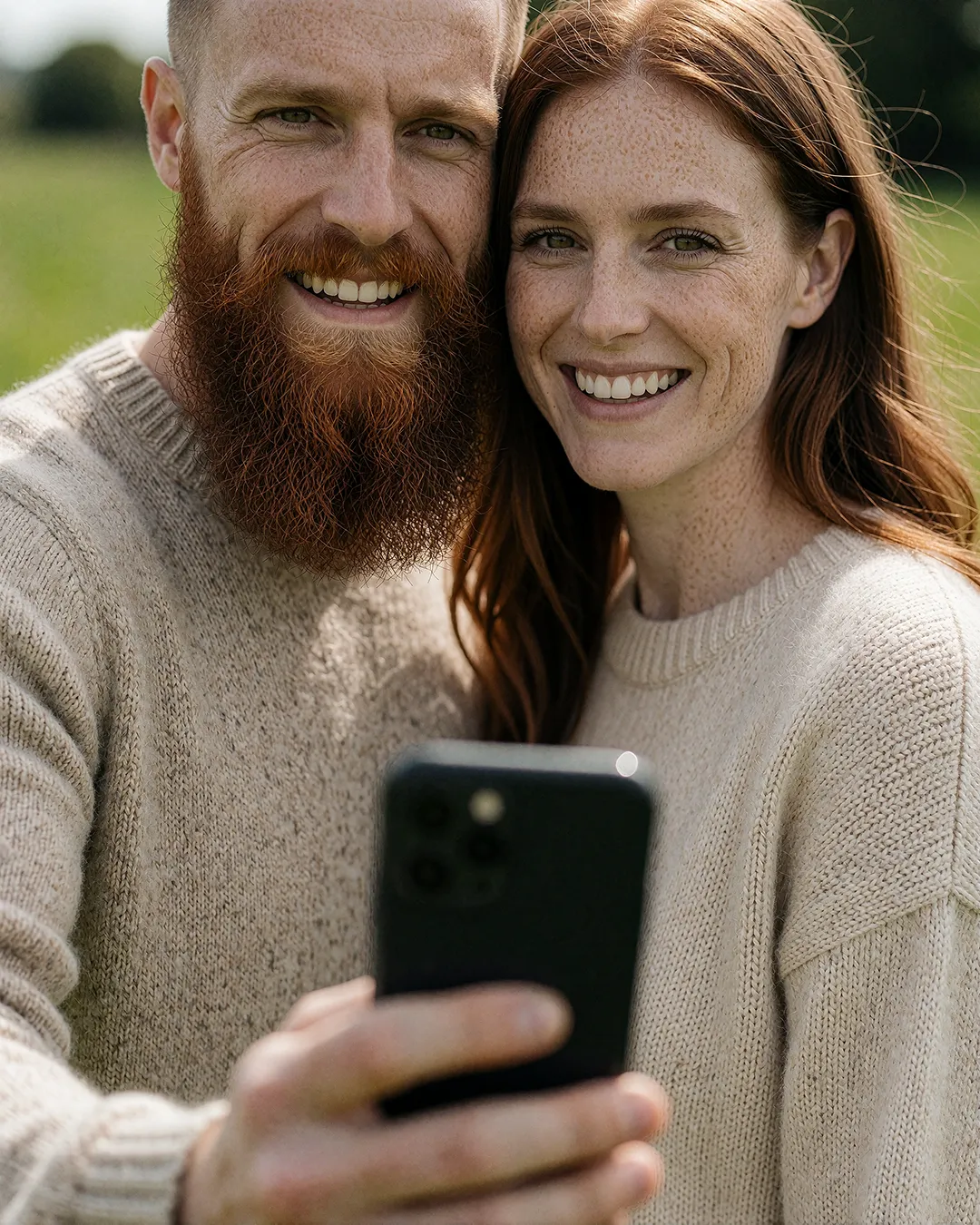 Ronan Flaherty macht lächelnd ein Selfie mit seiner Partnerin auf einer Wiese.