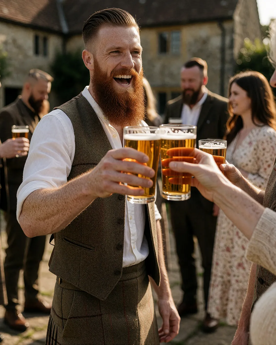 Ronan Flaherty stößt lachend im Tweed-Kilt mit Bierglas auf einer festlichen Feier an.