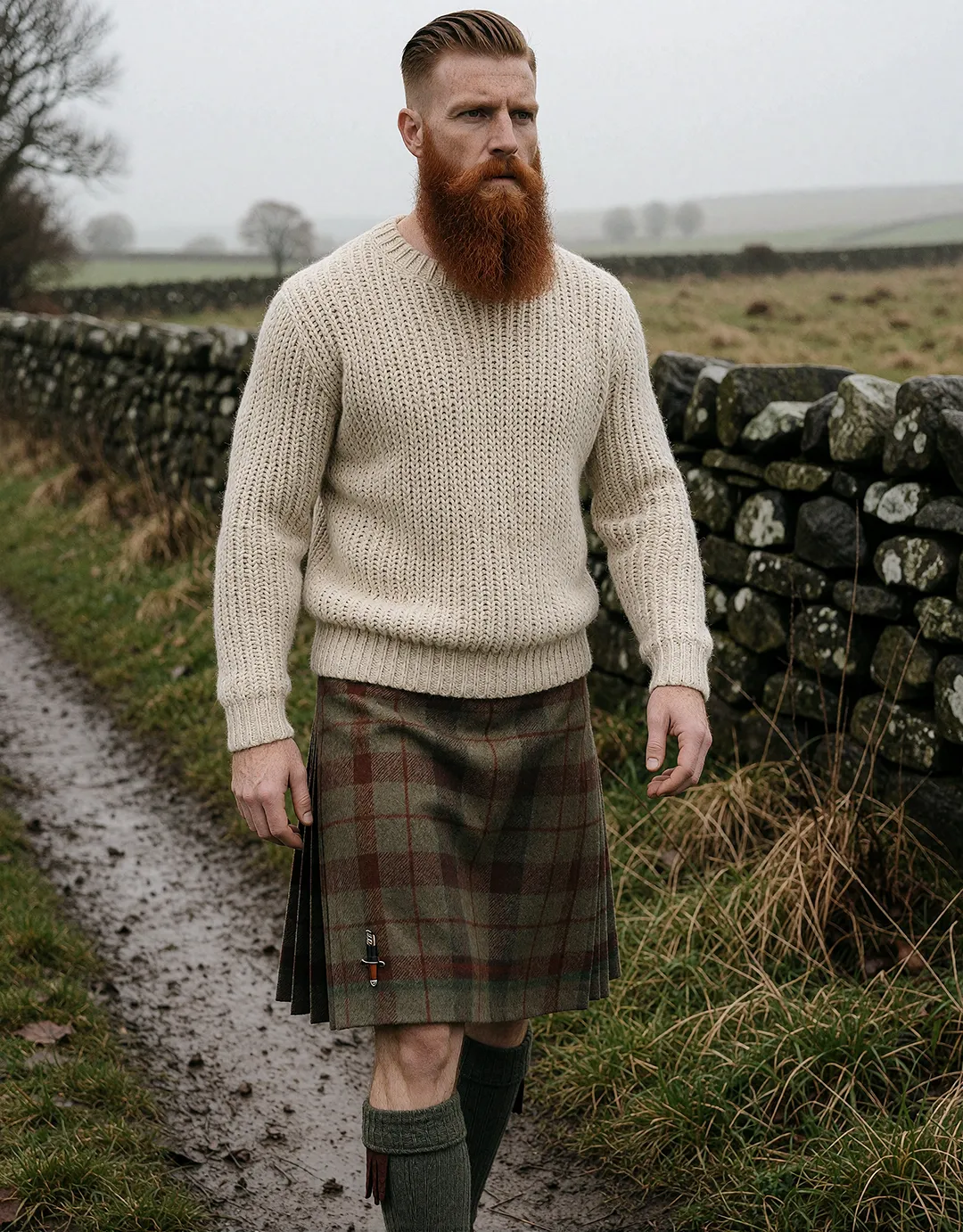 Ronan Flaherty trägt einen Tartan-Kilt mit cremefarbenem Pullover auf einem ländlichen Feldweg.
