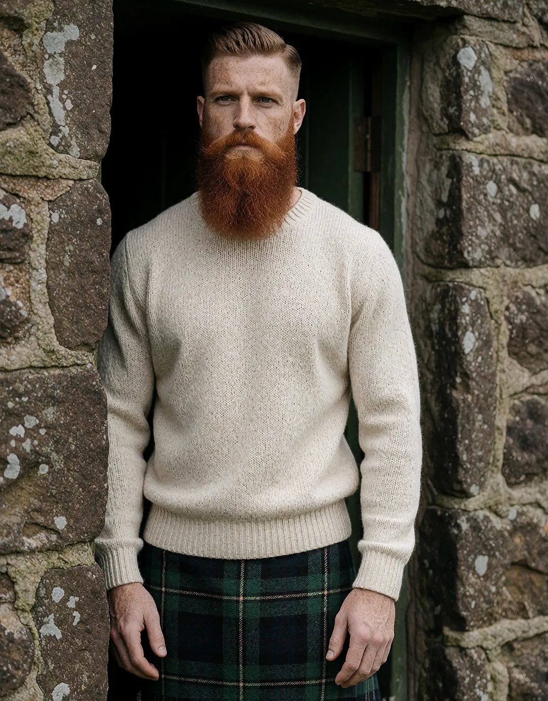 Ronan Flaherty steht im cremefarbenen Pullover mit Tartan-Kilt in einem alten Steintürrahmen.