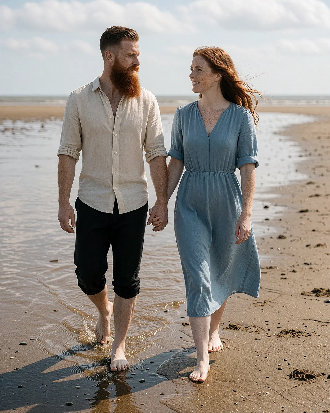 Ronan Flaherty geht barfuß Hand in Hand mit seiner Partnerin am Strand entlang.