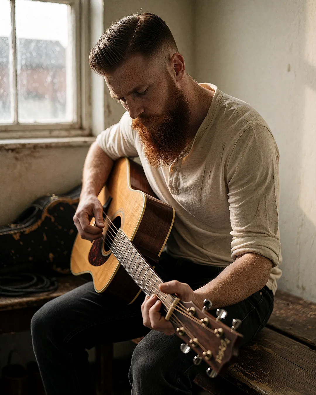 Ronan Flaherty spielt akustische Gitarre im warmen Licht eines alten Fensters.