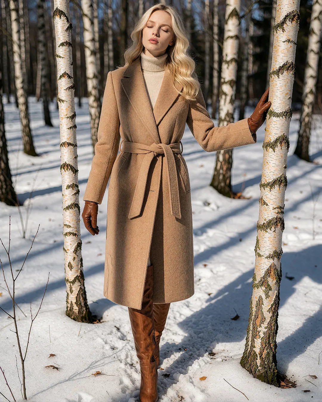 Saga Solvik trägt einen camelfarbenen Wickelmantel in einem verschneiten Birkenwald im Sonnenlicht.