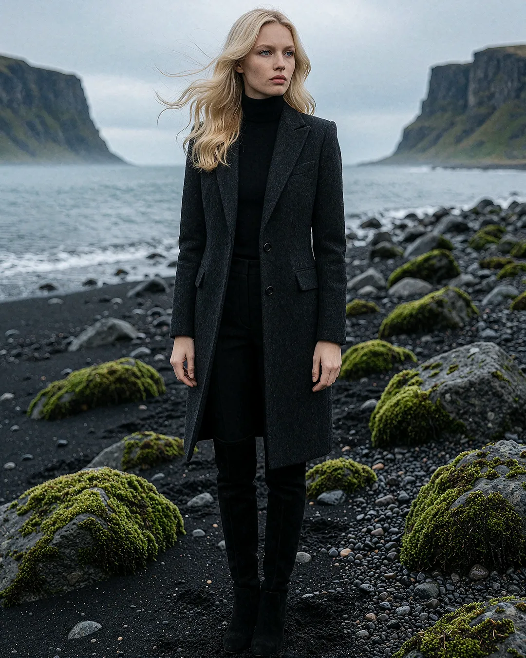 Saga Solvik trägt einen dunklen Wollmantel an einem schwarzen Lavastrand vor dramatischen Klippen.