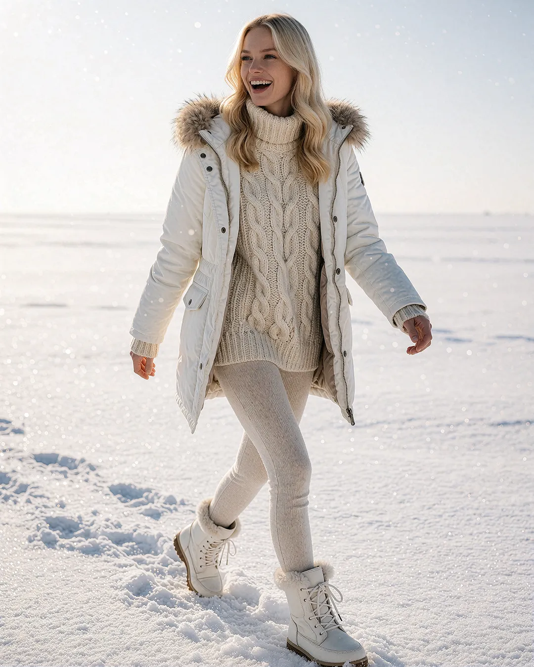 Saga Solvik lacht im weißen Parka und cremefarbenem Strickpullover beim Spaziergang durch den Schnee.