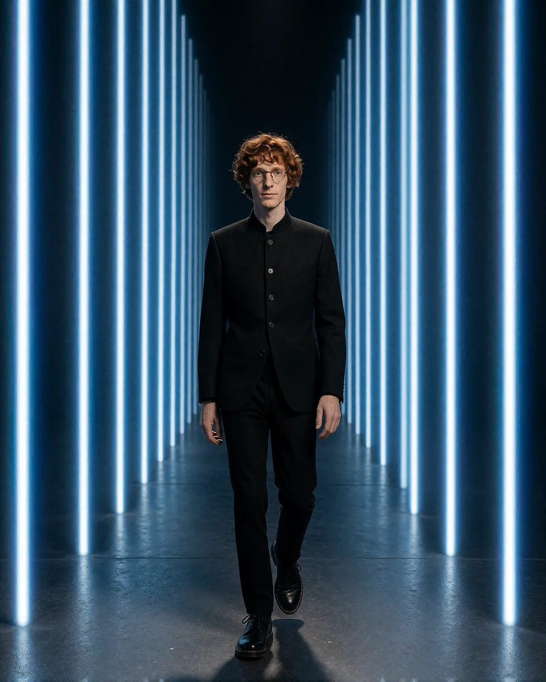 Tobias Osterhage geht im schwarzen Anzug durch einen futuristischen Korridor aus Lichtstreifen.