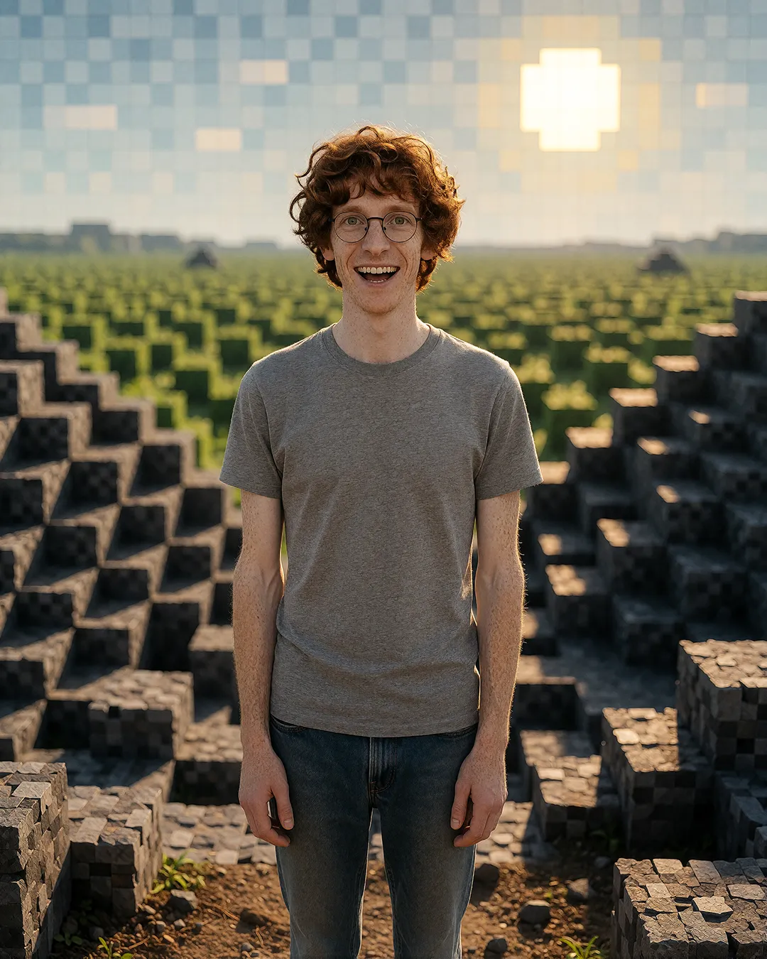 Tobias Osterhage steht lachend zwischen begehbaren Pixel-Blöcken in einer digitalen Welt.