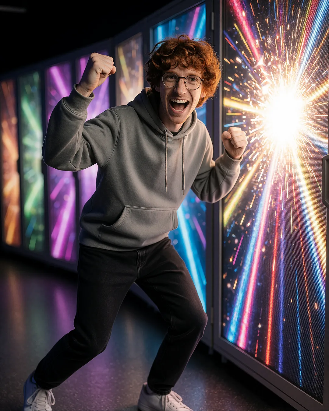 Tobias Osterhage jubelt mit geballten Fäusten vor einer digitalen Lichtexplosion.