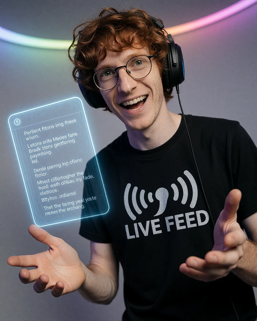 Tobias Osterhage trägt ein Gaming-Headset mit Live-Feed-Shirt vor einer holografischen Anzeige.